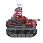  1girl armband black_headwear blue_archive blue_halo commentary einzeilhandery english_commentary full_body grey_eyes halo hat iroha_(blue_archive) jacket long_hair military_hat military_jacket military_vehicle motor_vehicle peaked_cap pixel_art red_armband redhead simple_background solo tank white_background 