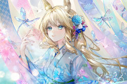  1girl 2026 animal animal_ear_fluff animal_ears blonde_hair blue_eyes blue_flower blue_kimono breasts brown_hair bug chinese_zodiac commentary_request curtains dragonfly floral_print floral_print_kimono flower hair_between_eyes hair_flower hair_ornament hand_up horse_ears horse_girl japanese_clothes kimono kinokohime long_hair long_sleeves looking_at_animal medium_breasts obi original parted_lips print_kimono sash smile solo transparent upper_body very_long_hair white_flower wide_sleeves yagasuri year_of_the_horse 