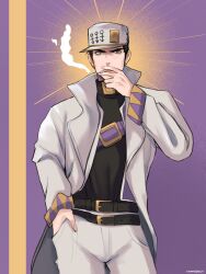  1boy androgyne_symbol belt black_shirt blue_eyes coat commentary cowboy_shot diamond_wa_kudakenai english_commentary hand_in_pocket highres jojo_no_kimyou_na_bouken kookirani kujo_jotaro long_sleeves looking_at_viewer male_focus multiple_belts pants shirt short_hair signature smoke solo white_coat white_pants 