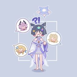  !? ._. 1girl 3boys albedo_(genshin_impact) alternate_costume animal_ear_fluff animal_ears aracanthus38633 arm_at_side balloon bare_shoulders black_hair black_horns blonde_hair blue_feathers blue_flower blunt_ends blush blush_stickers bow bowtie cat_ears choppy_bangs circle_hands closed_eyes closed_mouth columbina_(genshin_impact) columbina_(genshin_impact)_(cosplay) cosplay dragon_boy dragon_horns dress durin_(genshin_impact) ear_blush facing_viewer feather_hair_ornament feathers flower frown full_body genshin_impact grey_background hair_between_eyes hair_flower hair_ornament heart heart_sticker highres holding holding_balloon horns kuuhenki_(genshin_impact) layered_sleeves looking_at_viewer lumine_(genshin_impact) multicolored_flower multiple_boys off-shoulder_dress off_shoulder open_mouth pink_hair purple_dress purple_horns purple_sleeves scaramouche_(genshin_impact) short_hair short_hair_with_long_locks sidelocks slime_(genshin_impact) speech_bubble spoken_character star_(symbol) star_sticker sticker twitter_username two-sided_horns white_bow white_bowtie white_dress white_flower white_mouth white_sleeves 