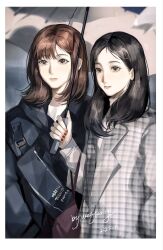  2girls animification black_hair black_jacket brown_eyes brown_hair dated grey_eyes grey_jacket hashtag-only_commentary highres holding holding_umbrella hood hood_down hooded_jacket jacket jeongyeon_(twice) k-pop looking_ahead medium_hair multiple_girls nayeon_(twice) plaid_clothes plaid_jacket real_life shadow signature twice_(group) umbrella weiguang651 