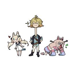  3girls all_fours animal_ears blonde_hair blue_streaks braid cat_ears deformed dokibird english_commentary fang fins fish_girl fish_tail full_body highres indie_virtual_youtuber long_hair long_neck looking_at_viewer multicolored_hair multiple_girls open_mouth pipkin_pippa rabbit_ears rabbit_girl roaring sameko_saba simple_background skin_fang sleeves_past_wrists smile streaked_hair tail twin_braids veeasinvince virtual_youtuber white_background 