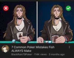  1girl artist_name black_choker black_coat black_vest brown_hair card choker coat curtained_hair dante_(limbus_company) english_text holding holding_card lapels limbus_company long_hair meme notched_lapels open_clothes open_coat poker poker_table project_moon raised_eyebrow rodion_(project_moon) shirt single_sidelock smile table unower_s vest white_shirt 