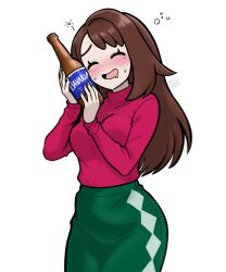  1girl absurdres alcohol alternate_hair_length alternate_hairstyle artist_name beer beer_bottle blush bottle brown_hair closed_eyes commentary drooling drunk english_commentary gloria_(pokemon) green_pants highres holding holding_bottle long_hair long_sleeves muis0802 open_mouth pants pink_sweater pokemon pokemon_swsh simple_background smile solo squeans sweater turtleneck turtleneck_sweater white_background 