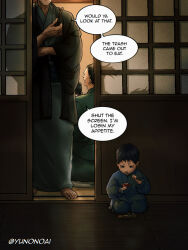  3boys aged_down barefoot black_hair chopsticks eating fushiguro_touji highres holding holding_chopsticks japanese_clothes jujutsu_kaisen kneeling multiple_boys short_hair sliding_doors tatami yuana zen'in_naobito zen'in_ogi 