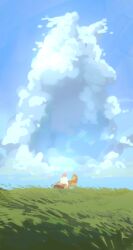  1other absurdres ambiguous_gender animal blue_sky bread clouds commentary cumulonimbus_cloud field food hige_(wolf's_rain) highres mauvh sitting sky symbol-only_commentary wide_shot wolf wolf's_rain 
