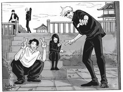  1girl 4boys :p =_= ^_^ artist_name baggy_pants building cigarette closed_eyes collared_shirt day double_v full_body getou_suguru gojou_satoru greyscale grin haibara_yu hands_up holding holding_cigarette ieiri_shoko jacket jujutsu_kaisen ksuke_26 mole mole_under_eye monochrome multiple_boys nanami_kento open_mouth outdoors pants photo_(object) round_eyewear shirt shoes short_hair sitting sleeves_rolled_up smile stairs standing sunglasses tongue tongue_out v 