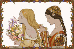  2girls absurdres blonde_hair border bouquet braid braiding_hair brown_border brown_hair character_name closed_eyes clothing_request collarbone commentary_request creator_connection crossover dress english_commentary film_grain floral_border flower flower_request from_side gold_trim hairdressing half-closed_eyes hamlet headband headwear_request highres holding holding_bouquet jewelry juliet_capulet mismatched_eyebrows multiple_girls necklace ophelia_(shakespeare) orange_flower pale_skin parted_bangs pearl_necklace profile purple_flower raised_eyebrows red_dress romeo_and_juliet rora_(auroradiation) simple_background single_off_shoulder sleeves_past_wrists striped_clothes striped_dress upper_body vertical-striped_clothes vertical-striped_dress white_background white_dress white_flower yellow_dress yellow_flower 