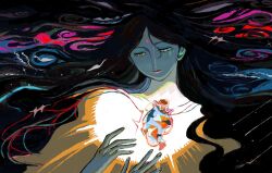  1girl 2boys abstract amuro_ray black_hair brown_hair char_aznable facial_mark floating_hair forehead_mark glowing_heart gundam heart helvediqa highres lalah_sune lips long_hair looking_down mecha_pilot_suit mobile_suit_gundam multiple_boys normal_suit_(gundam) short_hair space spacesuit 