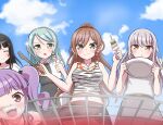  absurdres aqua_hair bang_dream! blue_sky brown_eyes brown_hair closed_eyes cooking dress food green_eyes grilling highres hikawa_sayo holding holding_food holding_plate holding_tongs imai_lisa jewelry kana_(user_wyka3887) kebab long_hair minato_yukina multiple_girls necklace open_mouth patterned_clothing plate purple_hair red_eyes roselia_(bang_dream!) shirokane_rinko shirt short_hair sidelocks sky smile tongs twintails udagawa_ako very_long_hair white_shirt 