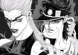  2boys birthmark black_lips chain commentary_request dio_brando earrings gakuran greyscale jewelry joestar_birthmark jojo_no_kimyou_na_bouken kujo_jotaro monochrome multiple_boys school_uniform sleeveless stardust_crusaders stud_earrings yangdianzhang 