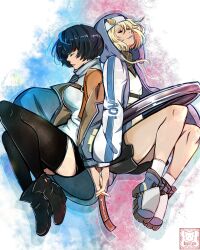  absurdres androgyne_symbol black_hair blonde_hair blue_streaks bridget_(guilty_gear) cattedawn closed_eyes commentary guilty_gear guilty_gear_strive guilty_gear_strive:_dual_rulers highres holding_hands hood hooded_jacket jacket miniskirt one_eye_closed parted_lips short_shorts shorts skirt symbol-only_commentary thigh-highs unika_(guilty_gear) 