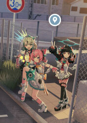  3girls absurdres angels_of_delusion aria_(zenless_zone_zero) black_hair black_skirt black_thighhighs blunt_bangs blush boots breasts choker colored_inner_hair detached_sleeves dress green_eyes green_hair grin halo high_school_girls_posing_for_google_street_view_(meme) highres junmin long_hair looking_at_viewer meme multicolored_hair multiple_girls nangong_yu necktie pink_hair quad_tails red_eyes shirt skirt small_breasts smile sunna_(zenless_zone_zero) thigh-highs twintails white_boots white_dress white_shirt wings zenless_zone_zero 