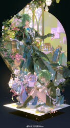  absurdres alchemy anaxa_(honkai:_star_rail) aqua_hair chinese_commentary chrysos_heirs_(honkai:_star_rail) commentary_request dromas_(honkai:_star_rail) eyepatch gem genren_jiu_qu greco-roman_clothes hand_tattoo highres honkai:_star_rail honkai_(series) laboratory one_eye_covered potion red_gem tattoo test_tube vial 