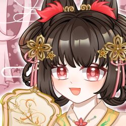  1girl absurdres beads bow-shaped_hair brown_hair cherry_blossoms chinese_clothes chinese_commentary colored_eyelashes commentary_request curtains double_bun feather_hair_ornament feathers floral_background flower gossamer_moonfairy_(infinity_nikki) hair_beads hair_bun hair_flower hair_ornament hair_ribbon hair_rings hand_fan hanfu happy highres holding holding_fan infinity_nikki jiaxue163 light_blush nikki_(series) open_mouth outline pink_background pink_eyes pink_ribbon ribbon short_hair smile solo tuanshan updo upper_body white_hanfu white_outline 