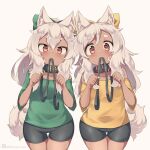  2girls animal_ears bike_shorts black_collar black_shorts brown_eyes collar commentary_request dark-skinned_female dark_skin green_shirt kuromiya leash long_hair looking_at_viewer multiple_girls original shirt shorts tail yellow_shirt 