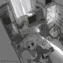  1girl absurdres commentary_request computer computer_keyboard crt cup doughnut drink_carton english_text engrish_text figure food fork fumo_(doll) greyscale hair_between_eyes highres ikea_shark indoors long_hair lying microwave milk_carton minifridge monitor monochrome mug muni_rice necktie original power_strip ranguage stuffed_animal stuffed_shark stuffed_toy table tea timestamp tissue_box trash_bag two_side_up 
