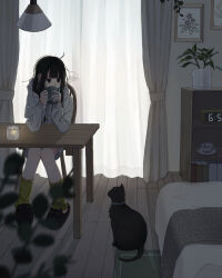  1girl animal_slippers backlighting black_cat black_eyes black_hair black_slippers blurry blurry_foreground candle cat chair clock commentary cup curtains digital_clock green_leg_warmers highres hood hood_down hooded_jacket indoors jacket leg_warmers looking_at_animal messy_hair mug original plant potted_plant s_picoo shelf sitting slippers table teacup white_jacket 