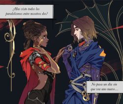  1boy 1girl alderion-al arcane:_league_of_legends armor bags_under_eyes brown_eyes brown_hair cloak colored_skin colored_veins couple dark-skinned_female dark_skin dreadlocks from_side glitter glitter_makeup glowing_veins gold_tattoo hair_up hand_on_another's_hand hetero holding hood hood_down hooded_cloak jewelry league_of_legends long_hair looking_at_another mel_(league_of_legends) multicolored_hair multicolored_skin official_alternate_costume parted_bangs parted_lips shade shoulder_armor spanish_text speech_bubble standing streaked_hair suit translation_request two-tone_skin upper_body very_dark_skin viktor_(league_of_legends) 