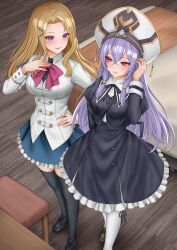  2girls arm_behind_back assault_lily black_ribbon black_shoes black_skirt black_thighhighs blonde_hair blue_skirt blush bow bowtie breasts brown_shoes buttons closed_mouth commentary_request cropped_jacket crossed_bangs fingernails foot_out_of_frame frilled_skirt frills from_above hair_between_eyes hair_ornament hairclip hand_in_own_hair hand_on_own_chest hand_on_own_hip hat hat_tassel herensuge_girls_academy_school_uniform high-waist_skirt highres imai_tomohiro indoors jacket jewelry juliet_sleeves large_breasts leg_ribbon loafers long_hair long_sleeves looking_at_another looking_to_the_side low-tied_sidelocks miniskirt multiple_girls multiple_rings pantyhose parted_bangs pink_eyes puffy_sleeves purple_hair red_bow red_bowtie ribbon ring school_uniform shirt shoes side-by-side sidelocks sideways_glance skirt standing stool table takamatsu_shiera takashima_yakumo thigh-highs very_long_hair violet_eyes white_hat white_jacket white_pantyhose white_shirt wooden_floor yurigaoka_girls_academy_school_uniform 