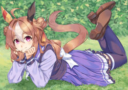  1girl animal_ears brown_hair brown_shoes closed_mouth commentary_request copano_rickey_(umamusume) double_bun ear_covers fang hair_between_eyes hair_bun head_rest horse_ears horse_girl horse_tail long_hair long_sleeves looking_at_viewer lying miri_(ago550421) on_grass on_stomach pleated_skirt purple_sailor_collar purple_shirt purple_thighhighs sailor_collar shirt shoes skin_fang skirt smile solo tail thigh-highs umamusume violet_eyes white_hair zettai_ryouiki 
