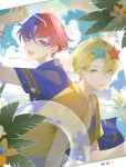  2boys alear_(fire_emblem) alear_(male)_(fire_emblem) alfred_(fire_emblem) alternate_costume blonde_hair blue_eyes blue_hair eyewear_on_head fire_emblem fire_emblem_engage green_eyes hair_between_eyes heterochromia highres looking_at_another male_focus multicolored_hair multiple_boys open_mouth red_eyes redhead shirt short_hair smile split-color_hair two-tone_hair xun_32 