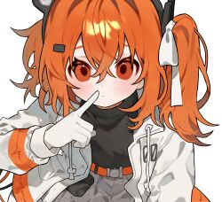  1girl a.i._voice absurdres adachi_rei belt black_shirt finger_to_mouth hair_between_eyes hair_ribbon haru_(ririne9999rine) highres jacket long_sleeves looking_at_viewer one_side_up open_clothes open_jacket orange_belt orange_eyes orange_hair ribbon shirt solo upper_body utau white_jacket white_ribbon 