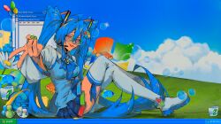  1girl absurdly_long_hair absurdres ahoge ankle_strap blue_eyes blue_hair blue_necktie blue_skirt boots bubble collared_shirt commentary cosplay crossed_legs daisy_(flower) desktop_(computing) fish flower from_side frutiger_aero glasses goldfish gyaru_v hair_between_eyes hatsune_miku headset highres icon_(computing) internet_explorer knees layered_shirt long_hair madobe_nanami madobe_nanami_(cosplay) microsoft_windows multicolored_nails necktie round_eyewear sainttufa shirt sitting skirt solo taskbar thigh-highs thigh_boots tinted_eyewear tongue tongue_out twintails v very_long_hair vocaloid white_sleeves window_(computing) windows_logo windows_media_player windows_xp zettai_ryouiki 