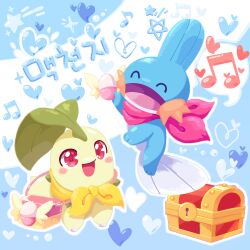  blue_background blush_stickers chikorita commentary_request commission full_body highres korean_commentary korean_text mudkip musical_note neckerchief open_mouth outline pokemon pokemon_(creature) pokemon_mystery_dungeon red_eyes red_neckerchief translation_request treasure_chest ttrtag white_outline yellow_neckerchief 