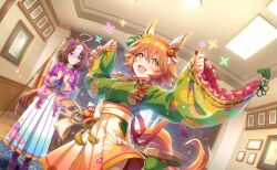  +_+ 2girls :3 @_@ ahoge animal_ears apron artist_request bow breasts brown_eyes brown_hair brown_sandals ceiling_light clenched_hands closed_mouth desk dot_nose dutch_angle ear_ornament ear_ribbon ears_down eyes_visible_through_hair floral_print flower flower_knot frilled_sleeves frills full_body game_cg green_kimono green_ribbon green_socks hair_between_eyes hair_flower hair_ornament hairband hakama hakama_skirt happy highres horse_ears horse_girl horse_tail indoors japanese_clothes kimono lace-trimmed_sleeves lace_trim lamp large_breasts leg_up light_blush light_particles long_sleeves matikanefukukitaru_(touching_sleeves_is_good_luck!)_(umamusume) matikanefukukitaru_(umamusume) medium_breasts meisho_doto_(padding_sores_should_she_go_flying)_(umamusume) meisho_doto_(umamusume) mismatched_ear_covers monitor multicolored_hair multiple_girls neck_ribbon nervous nervous_smile office official_alternate_costume official_art okobo open_mouth orange_hair peony_(flower) picture_frame pinching_sleeves pink_flower pink_hairband pink_ribbon platform_sandals print_hakama print_kimono purple_flower purple_kimono purple_socks purplet red_ribbon ribbon ribbon-trimmed_sleeves ribbon_trim rope rug sandals shide shimenawa short_hair skirt sleeve_ribbon smile socks sparkle sparkling_eyes streaked_hair tail tareme tassel third-party_source umamusume waist_apron waist_bow wheat_print white_bow white_hakama wide_sleeves window yellow_flower yellow_hakama yellow_ribbon 