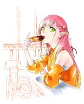  1girl absurdres arm_on_table bare_shoulders braid cottage_project crown_braid cup doughnut eating food green_eyes hair_ribbon highres hinano_ui ken&#039;ichi_(ken1ro_u) limited_palette looking_at_viewer multicolored_hair orange_shirt pink_hair pointy_ears ribbon shirt sitting solo two-tone_hair virtual_youtuber 