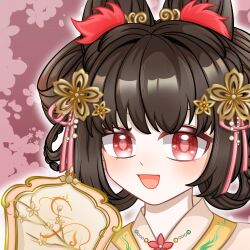  1girl absurdres beads bow-shaped_hair brown_hair cherry_blossoms chinese_clothes chinese_commentary colored_eyelashes commentary_request double_bun feather_hair_ornament feathers floral_background flower gossamer_moonfairy_(infinity_nikki) hair_beads hair_bun hair_flower hair_ornament hair_ribbon hair_rings hand_fan hanfu happy highres holding holding_fan infinity_nikki jiaxue163 light_blush nikki_(series) open_mouth outline pink_background pink_eyes pink_ribbon ribbon short_hair smile solo tuanshan updo upper_body white_hanfu white_outline 