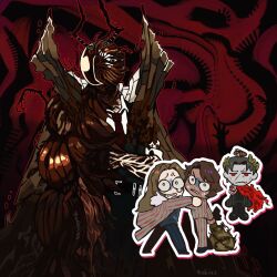  1girl 3boys antennae arthropod_limbs belt black_pants black_shirt black_vest bodysack_(e.g.o) brown_eyes brown_hair cape coat collared_shirt commentary dark-skinned_male dark_skin english_commentary gregor's_cockroach_(project_moon) gregor_(project_moon) grey_hair grey_jacket heathcliff_(project_moon) hemokinesis insect_wings jacket laurel_crown lavacrum_sanguinis_(e.g.o) limbus_company long_hair multiple_boys necktie pants peebiies project_moon red_cape red_eyes red_necktie rodion_(project_moon) scar scar_on_face scared shirt short_hair striped_clothes striped_coat striped_pants striped_shirt sweatdrop tearing_up the_roach_emperor vergilius_(project_moon) vest what_is_cast_(e.g.o) white_shirt wings 