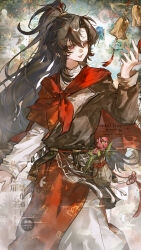  1girl absurdres asymmetrical_sleeves bell belt bird brown_hair cape chinese_clothes cowboy_shot eyelashes flower happy high_ponytail highres leaf long_hair long_sleeves looking_at_hand mismatched_sleeves mole mole_under_eye mountain ne_muri open_mouth original parted_bangs pink_flower ponytail red_cape red_eyes sidelocks solo standing swallow_(bird) tassel watermark 