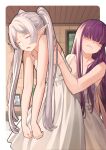  2girls closed_eyes collarbone drooling elf fern_(sousou_no_frieren) frieren grey_hair grimace hair_over_eyes highres himmel_(sousou_no_frieren) indoors lifting_person long_hair mouth_drool multiple_girls nightgown nonh_(wormoftank) picture_(object) pointy_ears purple_hair shaded_face sleeping sleepwear sousou_no_frieren straight_hair twintails window 