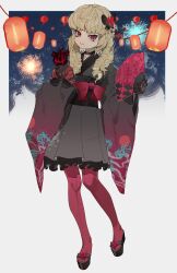  1girl absurdres black_kimono blonde_hair blonde_ojousama_(sagix) commission drill_hair fireworks full_body gloves hand_fan highres holding holding_fan japanese_clothes kimono lace lace_gloves lantern long_hair looking_at_viewer night okobo original pantyhose paper_lantern pixiv_commission platform_sandals red_eyes red_pantyhose sandals shimiya_jin smile solo stuffed_animal stuffed_toy summer_festival teddy_bear yukata 