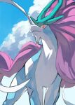  absurdres animal_focus blue_sky closed_mouth clouds commentary_request from_below gara_(qbeuxvii22) highres long_hair no_humans pokemon pokemon_(creature) purple_hair red_eyes ribbon sky suicune wavy_hair white_ribbon 