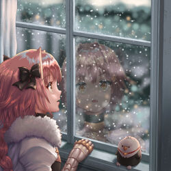  1boy aged_down androgynous astolfo_(fate) black_bow bow braid cape commentary_request fang fate/apocrypha fate/grand_order fate_(series) fur-trimmed_cape fur_trim gauntlets hair_bow hair_intakes hippogriff_(fate) hirokazu_(analysis-depth) long_hair looking_outside male_focus multicolored_hair open_mouth orange_eyes pink_hair pixiv_fate/grand_order_contest_2 single_braid skin_fang snow solo streaked_hair stuffed_toy violet_eyes white_cape white_hair window 