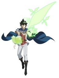  1boy absurdres belt black_boots black_clover black_clover_m:_rise_of_the_wizard_king black_hair blue_cape book boots brown_capelet brown_eyes cape capelet full_body fur-trimmed_capelet fur_trim gold_buttons golden_dawn_(emblem) green_eyes grimoire heterochromia high_collar highres incredibly_absurdres knee_boots looking_at_viewer magic male_focus non-web_source official_art open_book pants red_shirt shirt simple_background solo transparent_background two-tone_shirt white_pants white_shirt yuno_(black_clover) 