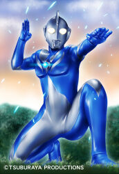  1boy alien batayan blue_skin color_timer colored_skin commentary_request copyright_notice giant multicolored_skin official_art on_one_knee outdoors silver_skin solo tokusatsu ultra_series ultraman_cosmos ultraman_cosmos_(luna_mode) ultraman_cosmos_(series) yellow_eyes 