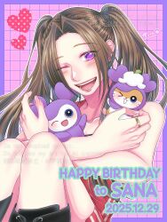  1girl animification aoi_toramatsu black_boots blue_eyes blush boots border character_name collarbone commentary cosplay dated dress english_commentary hamster hamtaro hamtaro_(series) happy_birthday highres holding k-pop long_hair looking_at_viewer one_eye_closed open_mouth pink_background purple_border real_life red_dress sana_(twice) savely_(twice) savely_(twice)_(cosplay) sitting smile solo twice_(group) twintails very_long_hair violet_eyes 