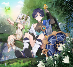  1boy 1girl anemo_symbol_(genshin_impact) anklet aranara_(genshin_impact) armlet armor armpit_crease beamed_eighth_notes bird bird_on_hand black_bow black_bridal_gauntlets black_leggings black_sandals black_shorts bloomers blue_gem blue_hat blue_kimono blue_sleeves blunt_ends blush bow bracelet bridal_gauntlets bright_pupils bush cape choppy_bangs closed_mouth commentary_request cross-shaped_pupils crystalfly_(genshin_impact) detached_cape detached_sleeves dress eighth_note eyeliner eyeshadow falling_petals feathers finch fingernails flower forest gem genshin_impact gold gold_ring gold_trim green_cape green_eyes green_gem green_hair green_sleeves grey_pupils hair_ornament hand_on_own_thigh hand_up hands_up hat heart heart_hair_ornament highres japanese_armor japanese_clothes jewelry juban kimono kote kurokote large_variant_set layered_sleeves leg_warmers leggings long_hair looking_at_animal looking_at_creature looking_to_the_side makeup middle_ring morohaori multicolored_hair musical_note nahida_(genshin_impact) nature open_clothes open_hands open_kimono outdoors petals pom_pom_(clothes) purple_hair red_eyeliner red_eyeshadow sandals scaramouche_(genshin_impact) short_sleeves shorts side_ponytail sidelocks sitting_on_branch smile stirrup_footwear streaked_hair symbol-shaped_pupils tassel toenails toes tree unworn_hat unworn_headwear variant_set violet_eyes vision_(genshin_impact) wanderer_(genshin_impact) white_bloomers white_dress white_flower white_hair white_kimono white_leg_warmers white_mouth white_petals white_pupils white_sleeves yellow_feathers zouri 