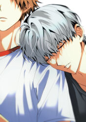  2boys absurdres black_shirt brown_hair closed_eyes crew_neck grey_hair hanamura_yousuke head_on_another's_shoulder highres male_focus multiple_boys narukami_yu parted_lips persona persona_4 sa1meunegg shirt t-shirt white_background white_shirt 