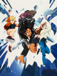 1990s_(style) arm_up becky_farrah blonde_hair blue_eyes bob_cut brown_hair city cz_75 dark-skinned_female dark_skin freckles grin gun gunsmith_cats hairband handgun highres holding holding_gun holding_weapon holding_wrench jacket long_sleeves looking_at_viewer minnie_may_hopkins multiple_girls non-web_source one_eye_closed open_clothes open_jacket open_mouth orange_jacket pencil_skirt rally_vincent retro_artstyle rimless_eyewear round_eyewear shoes short_hair shorts side_slit skirt smile sneakers teeth upper_teeth_only weapon wrench