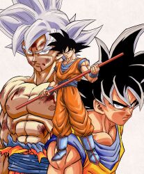  1990s_(style) 3boys abs arms_at_sides black_eyes black_hair blood blood_drip blood_from_mouth blood_on_face blue_boots bo_staff boots closed_mouth commentary_request derivative_work dougi dragon_ball dragon_ball_super dragon_ball_z frown full_body grey_eyes grey_hair highres holding holding_weapon leaning leaning_forward looking_at_viewer looking_to_the_side male_focus multiple_boys multiple_persona muscular muscular_male nagare_seiya nipples official_style pectorals retro_artstyle ruyi_jingu_bang scratches serious shaded_face shirt simple_background son_goku spiky_hair topless_male toriyama_akira_(style) torn_clothes torn_shirt ultra_instinct ultra_instinct_sign upper_body weapon white_background wristband 