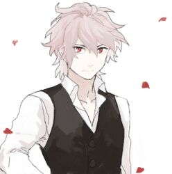  1boy black_vest commentary_request falling_petals fate/apocrypha fate_(series) grey_hair madara-ame male_focus messy_hair pale_skin petals red_eyes short_hair sieg_(fate) solo upper_body vest 