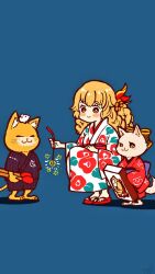  1boy 2girls alternate_costume bad_id bad_pixiv_id barefoot black_kimono blonde_hair blue_background blush_stickers cat_boy cat_girl closed_mouth full_body furry furry_female furry_male grimms_notes holding holding_matchbox holding_matchstick japanese_clothes josephine_(grimms_notes) kimono little_match_girl_(grimms_notes) long_hair matchbox misoshiru_umai4 mouse_on_head multiple_girls print_kimono puss_in_boots_(grimms_notes) red_kimono red_sandals sandals simple_background smile squatting standing tail yellow_eyes 