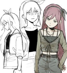  1girl :| alternate_costume alternate_eye_color arm_at_side aubrey_(faraway)_(omori) aubrey_(omori) barbed_wire bare_shoulders belt black_belt black_camisole blue_pants bow_hairband breasts camisole clenched_teeth closed_mouth collarbone cowboy_shot cropped_torso denim double-parted_bangs expressionless grey_eyes grey_hairband grey_shirt hair_between_eyes hairband hand_on_own_hip highres jacket jeans jewelry jitome long_hair looking_ahead looking_at_viewer multiple_views navel necklace no_sclera omori open_clothes open_jacket pale_skin pants pink_hair profile ribbon-trimmed_shirt ribbon_trim sailor_collar shaded_face shirt sidelocks simple_background skinny small_breasts standing straight_hair teeth very_long_hair watya_wacha white_background wide-eyed 