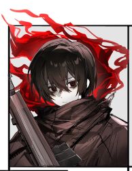  1boy bags_under_eyes black_eyes bochishiraita brown_coat brown_hair brown_scarf coat commentary crossed_bangs e.g.o_(project_moon) fell_bullet_(e.g.o) glowing glowing_eyes gun hair_between_eyes highres holding holding_gun holding_weapon limbus_company looking_at_viewer magazine_(weapon) male_focus official_alternate_costume project_moon red_aura scarf short_hair solo symbol-only_commentary weapon weapon_request white_background yi_sang_(project_moon) 