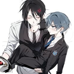  2boys absurdres anger_vein black_hair black_necktie black_pants black_suit black_vest blue_eyes blue_hair blue_necktie buttons carrying carrying_person cat_muno ciel_phantomhive closed_eyes closed_mouth collared_shirt crossed_legs eyepatch highres holding holding_plate jacket kuroshitsuji layered_sleeves long_sleeves looking_at_another male_focus multiple_boys necktie open_clothes open_jacket pants parted_bangs plate sebastian_michaelis shirt striped_clothes striped_necktie suit suit_jacket twitter_username vest white_background white_shirt wing_collar 